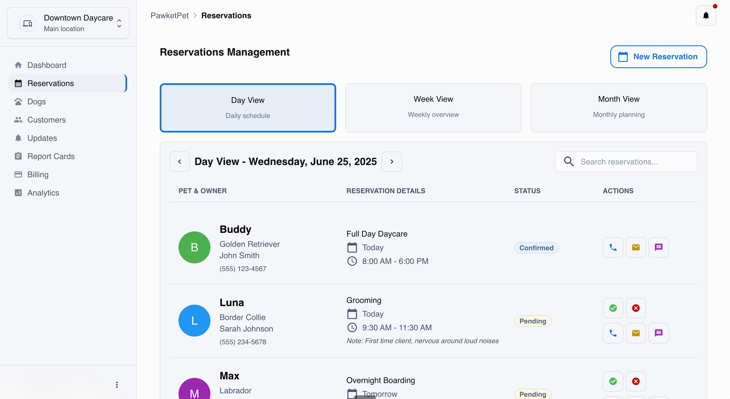 Pawket Pet Reservations Interface